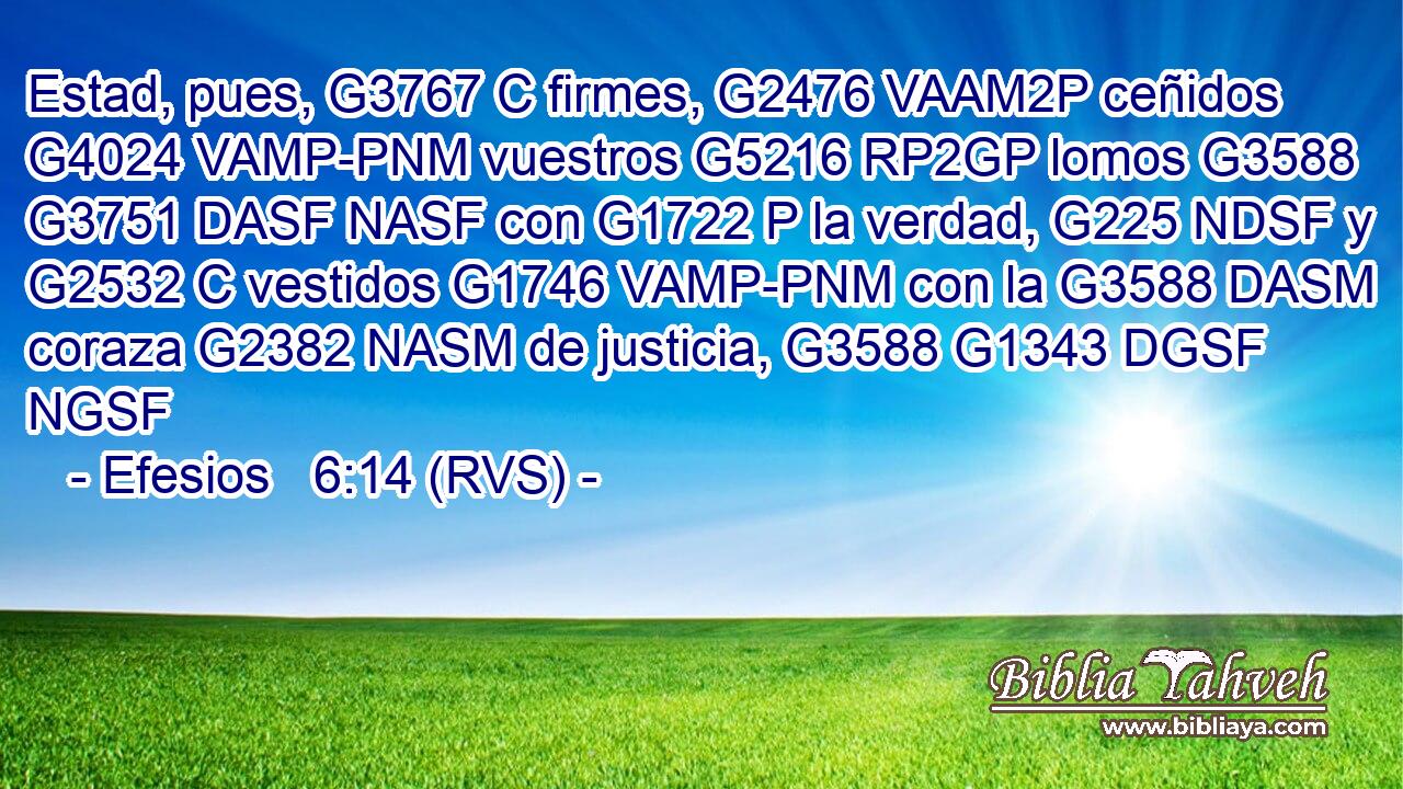 Estad, pues, G3767 C firmes, G2476 VAAM2P ceñidos G4024 VAMP-PNM vuestros G5216 RP2GP lomos G3588 G3751 DASF NASF con G1722 P la verdad, G225 NDSF y G2532 C vestidos G1746 VAMP-PNM con la G3588 DASM coraza G2382 NASM de justicia, G3588 G1343 DGSF NGSF 