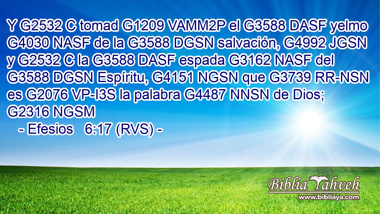 Y G2532 C tomad G1209 VAMM2P el G3588 DASF yelmo G4030 NASF de la G3588 DGSN salvación, G4992 JGSN y G2532 C la G3588 DASF espada G3162 NASF del G3588 DGSN Espíritu, G4151 NGSN que G3739 RR-NSN es G2076 VP-I3S la palabra G4487 NNSN de Dios; G2316 NGSM 
