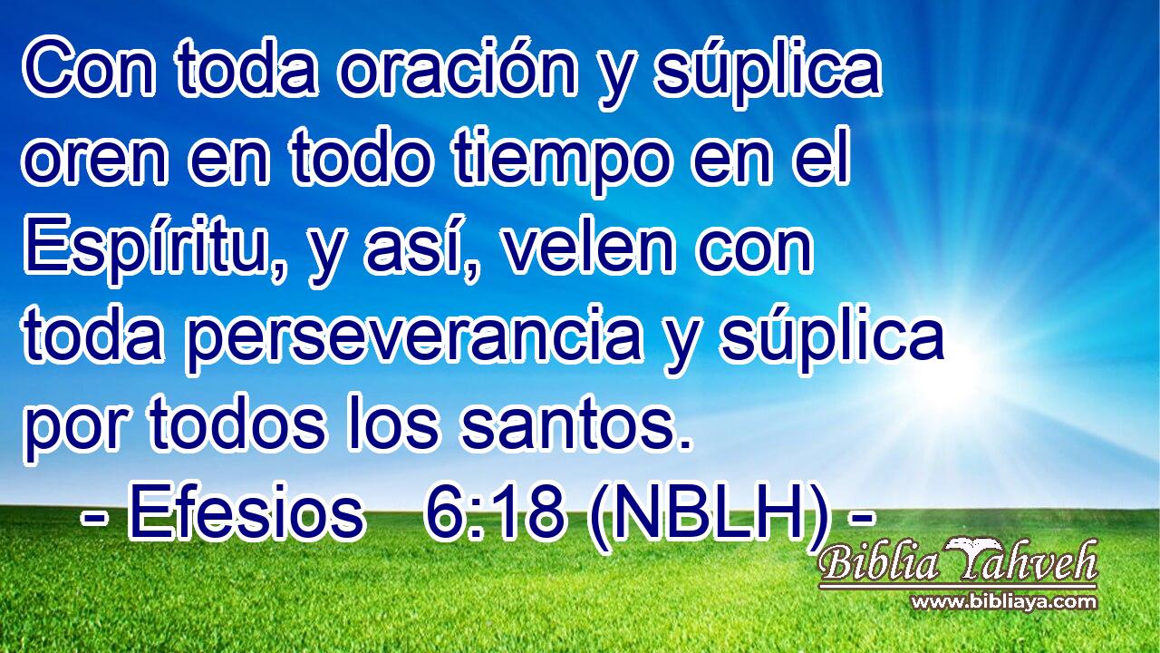  Con toda oración y súplica oren en todo tiempo en el Espíritu, y así, velen con toda perseverancia y súplica por todos los santos. 