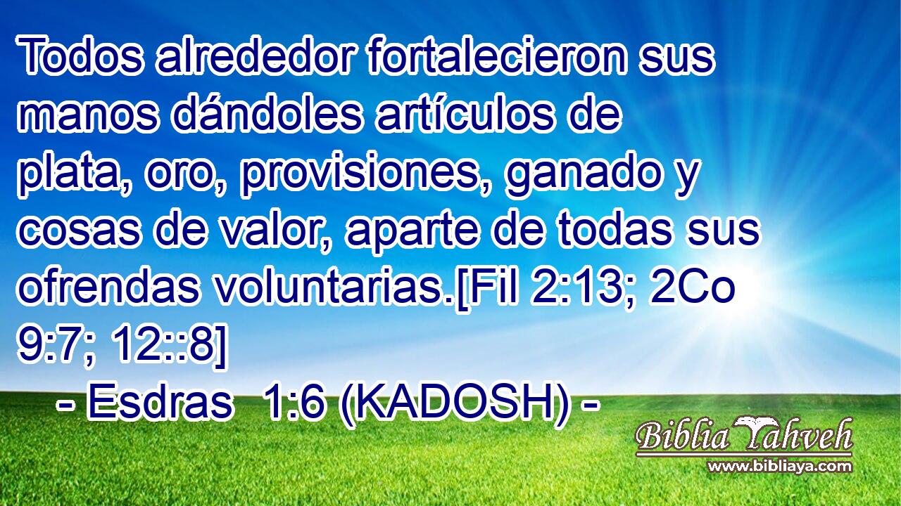  Todos alrededor fortalecieron sus manos dándoles artículos de plata, oro, provisiones, ganado y cosas de valor, aparte de todas sus ofrendas voluntarias.[Fil 2:13; 2Co 9:7; 12::8] 