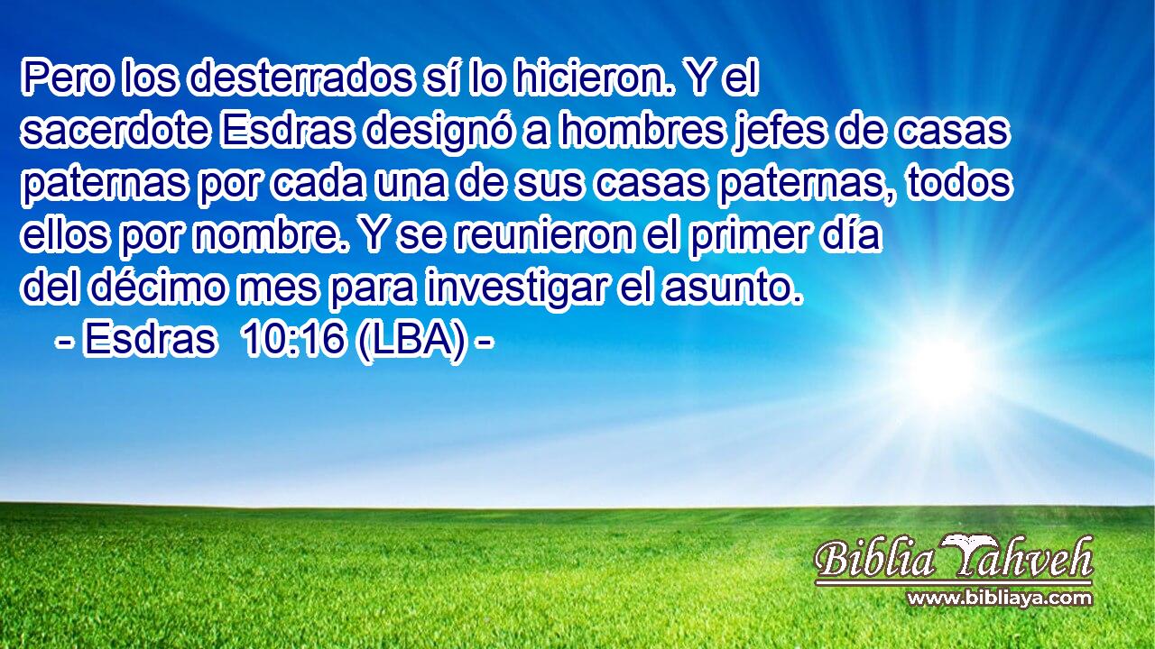 Pero los desterrados sí lo hicieron. Y el sacerdote Esdras designó a hombres jefes de casas paternas por cada una de sus casas paternas, todos ellos por nombre. Y se reunieron el primer día del décimo mes para investigar el asunto.