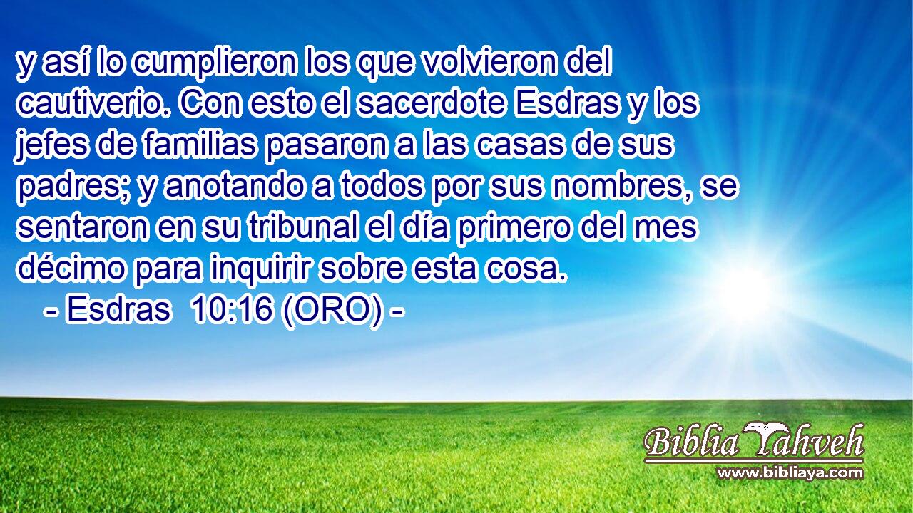  y así lo cumplieron los que volvieron del cautiverio. Con esto el sacerdote Esdras y los jefes de familias pasaron a las casas de sus padres; y anotando a todos por sus nombres, se sentaron en su tribunal el día primero del mes décimo para inquirir sobre esta cosa. 