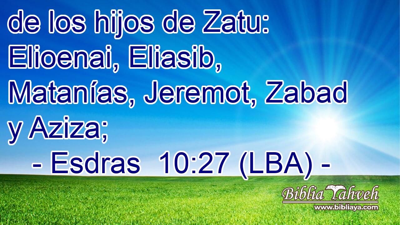 de los hijos de Zatu: Elioenai, Eliasib, Matanías, Jeremot, Zabad y Aziza;