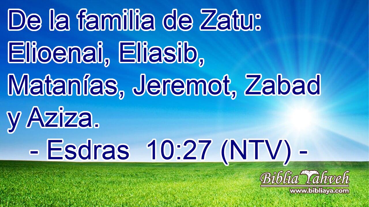 De la familia de Zatu: Elioenai, Eliasib, Matanías, Jeremot, Zabad y Aziza.