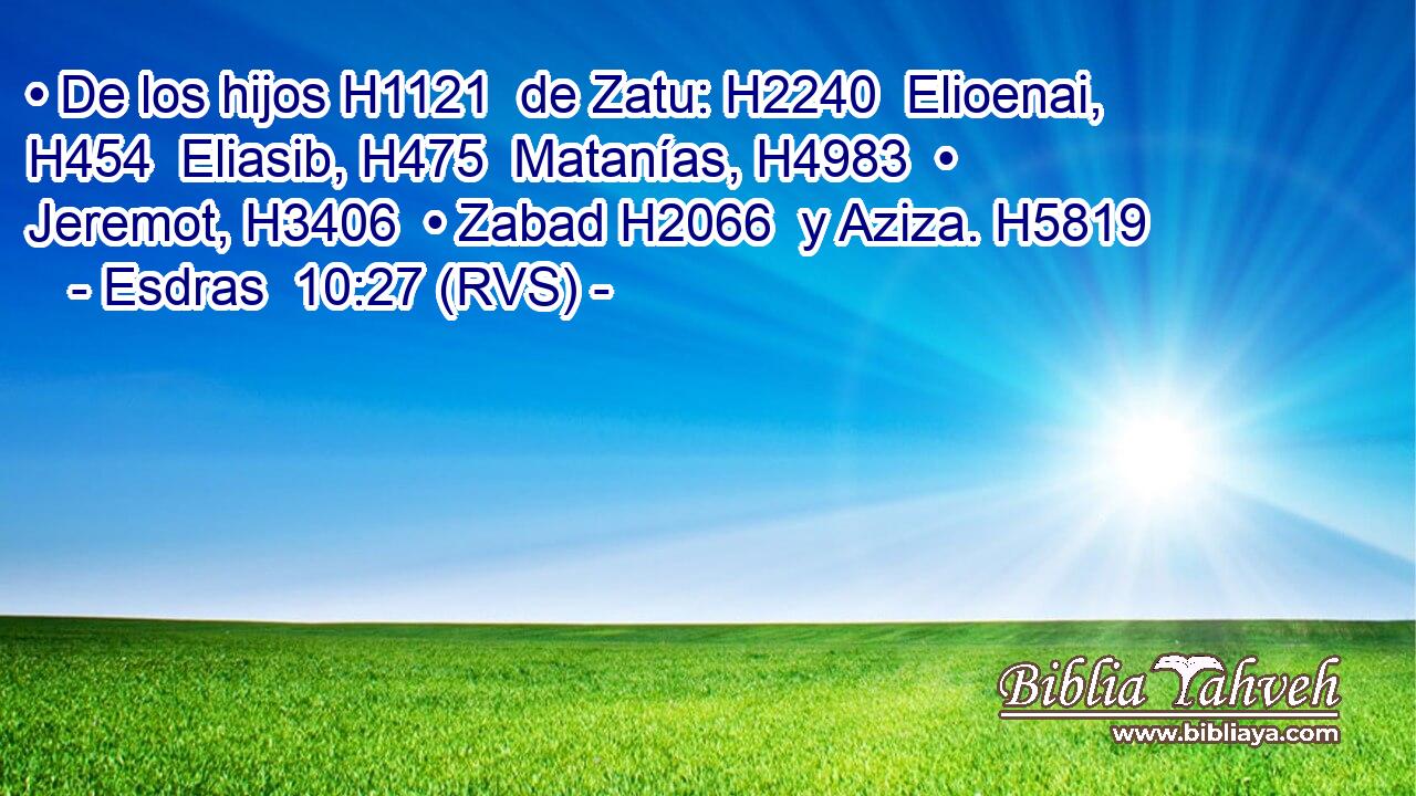• De los hijos H1121  de Zatu: H2240  Elioenai, H454  Eliasib, H475  Matanías, H4983  • Jeremot, H3406  • Zabad H2066  y Aziza. H5819  