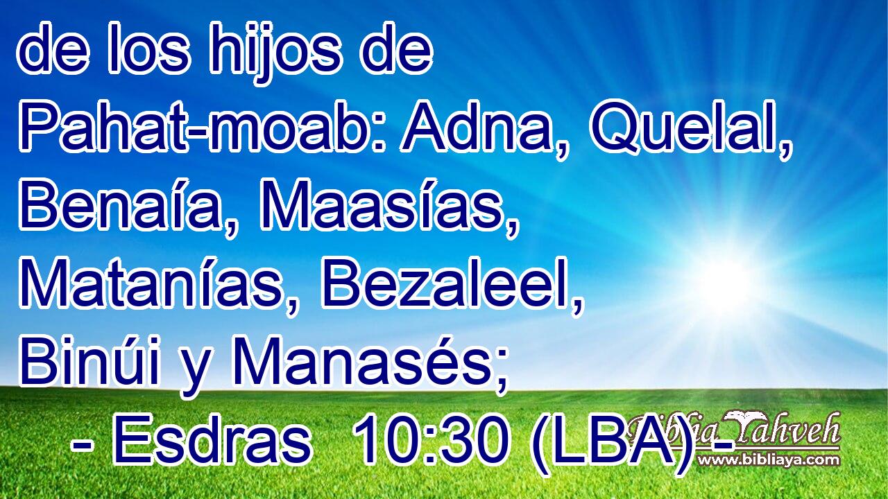 de los hijos de Pahat-moab: Adna, Quelal, Benaía, Maasías, Matanías, Bezaleel, Binúi y Manasés;