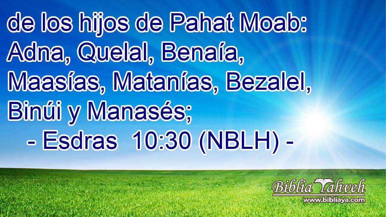  de los hijos de Pahat Moab: Adna, Quelal, Benaía, Maasías, Matanías, Bezalel, Binúi y Manasés; 