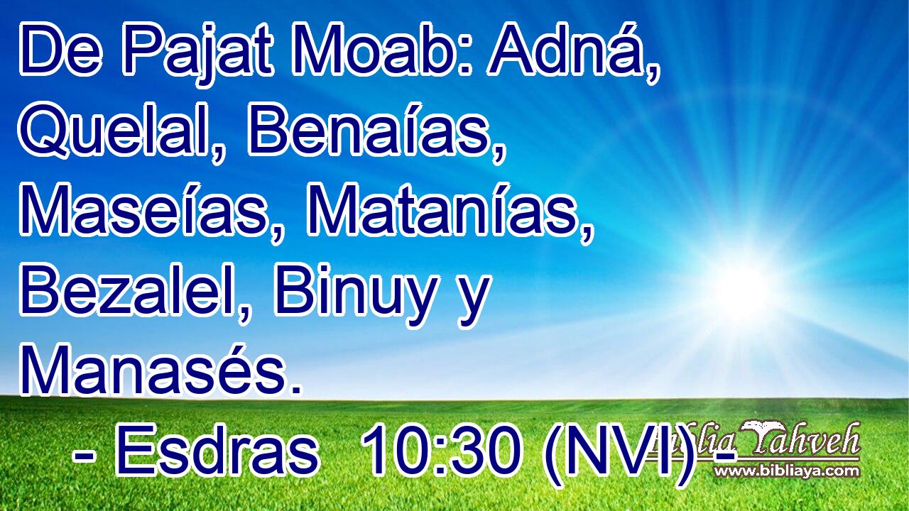  De Pajat Moab: Adná, Quelal, Benaías, Maseías, Matanías, Bezalel, Binuy y Manasés. 