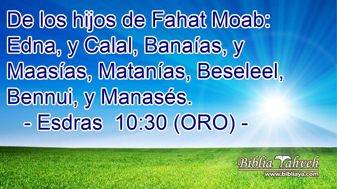  De los hijos de Fahat Moab: Edna, y Calal, Banaías, y Maasías, Matanías, Beseleel, Bennui, y Manasés. 