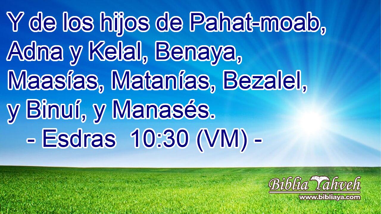  Y de los hijos de Pahat-moab, Adna y Kelal, Benaya, Maasías, Matanías, Bezalel, y Binuí, y Manasés. 