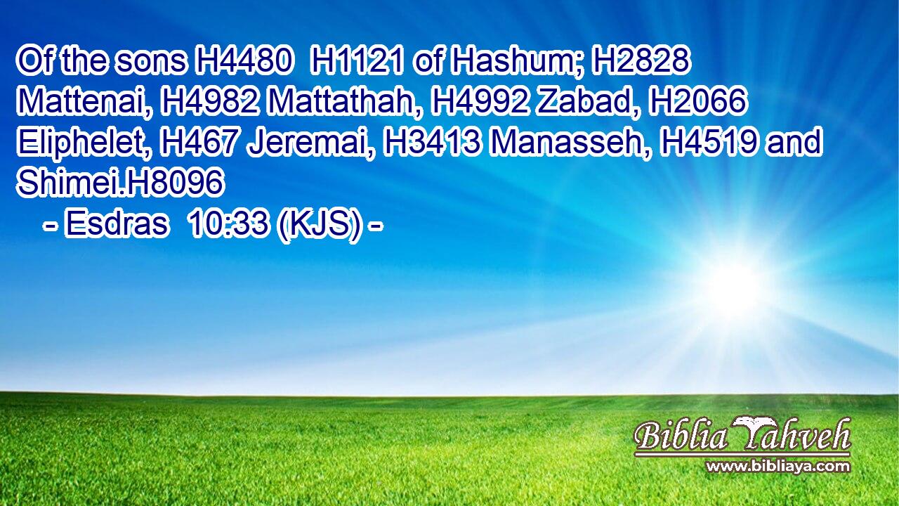 Of the sons H4480  H1121 of Hashum; H2828 Mattenai, H4982 Mattathah, H4992 Zabad, H2066 Eliphelet, H467 Jeremai, H3413 Manasseh, H4519 and Shimei.H8096