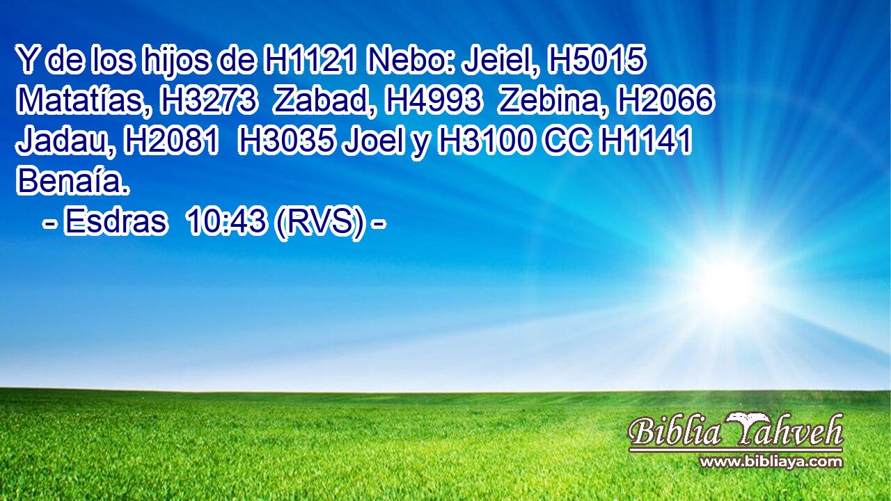 Y de los hijos de H1121 Nebo: Jeiel, H5015  Matatías, H3273  Zabad, H4993  Zebina, H2066  Jadau, H2081  H3035 Joel y H3100 CC H1141 Benaía. 