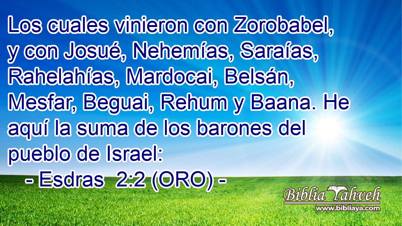  Los cuales vinieron con Zorobabel, y con Josué, Nehemías, Saraías, Rahelahías, Mardocai, Belsán, Mesfar, Beguai, Rehum y Baana. He aquí la suma de los barones del pueblo de Israel: 