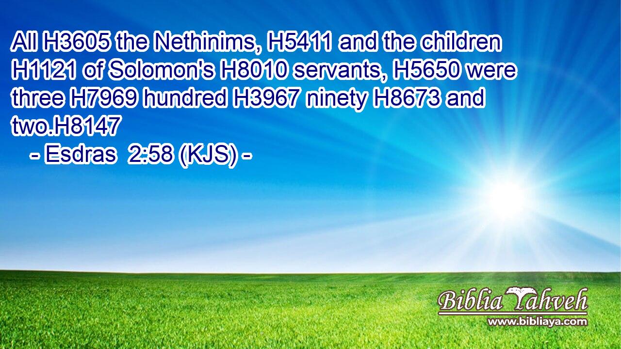 All H3605 the Nethinims, H5411 and the children H1121 of Solomon's H8010 servants, H5650 were three H7969 hundred H3967 ninety H8673 and two.H8147