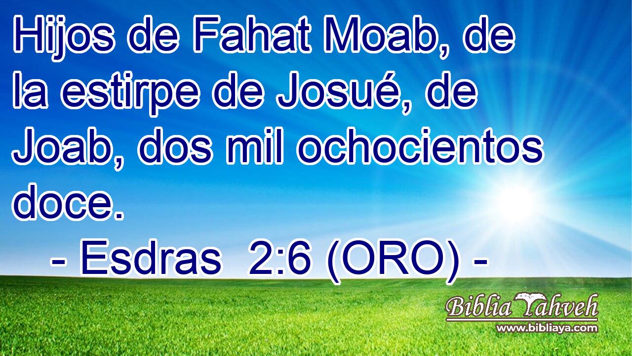  Hijos de Fahat Moab, de la estirpe de Josué, de Joab, dos mil ochocientos doce. 