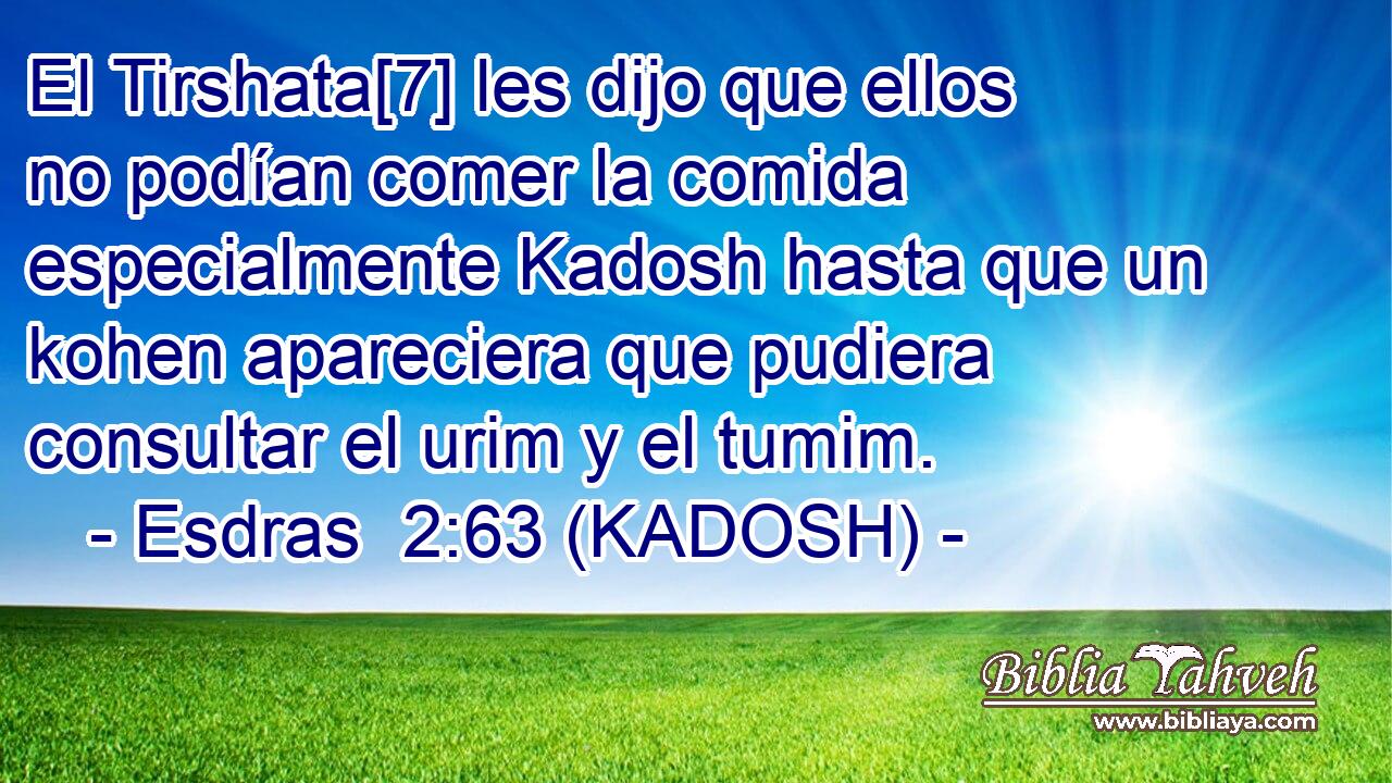  El Tirshata[7] les dijo que ellos no podían comer la comida especialmente Kadosh hasta que un kohen apareciera que pudiera consultar el urim y el tumim. 