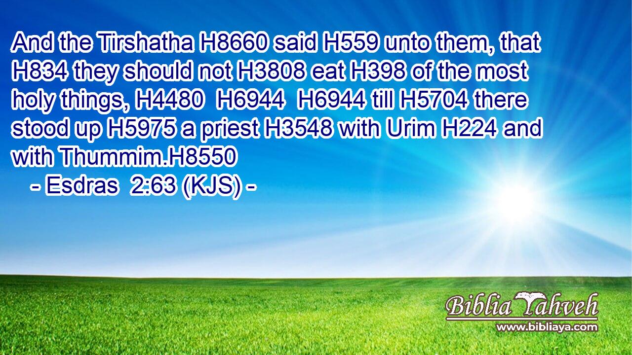 And the Tirshatha H8660 said H559 unto them, that H834 they should not H3808 eat H398 of the most holy things, H4480  H6944  H6944 till H5704 there stood up H5975 a priest H3548 with Urim H224 and with Thummim.H8550