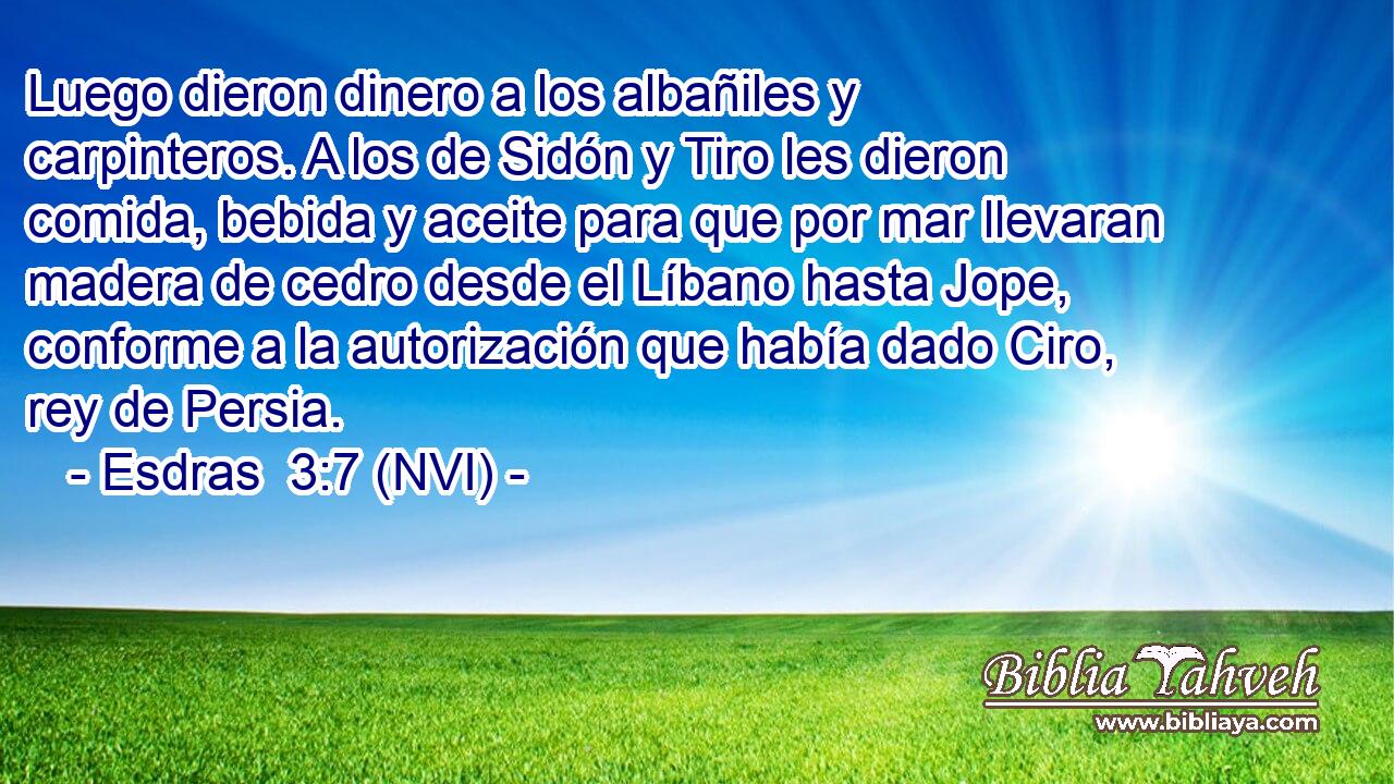  Luego dieron dinero a los albañiles y carpinteros. A los de Sidón y Tiro les dieron comida, bebida y aceite para que por mar llevaran madera de cedro desde el Líbano hasta Jope, conforme a la autorización que había dado Ciro, rey de Persia. 