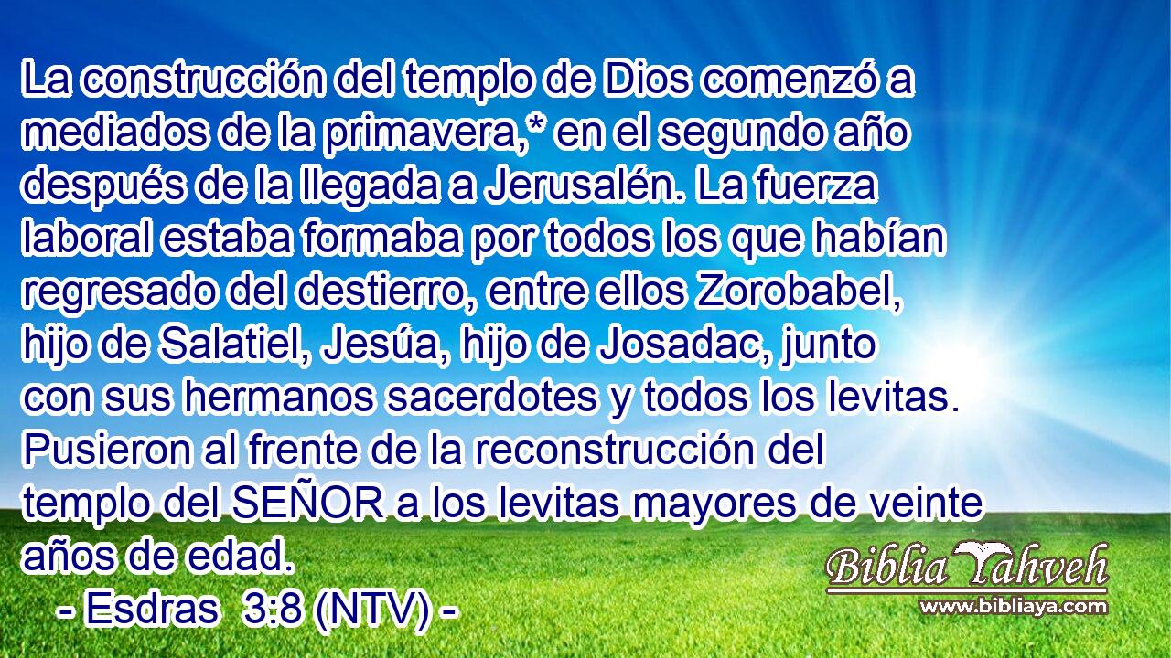 La construcción del templo de Dios comenzó a mediados de la primavera,* en el segundo año después de la llegada a Jerusalén. La fuerza laboral estaba formaba por todos los que habían regresado del destierro, entre ellos Zorobabel, hijo de Salatiel, Jesúa, hijo de Josadac, junto con sus hermanos sacerdotes y todos los levitas. Pusieron al frente de la reconstrucción del templo del SEÑOR a los levitas mayores de veinte años de edad.