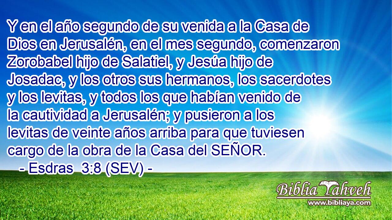 Y en el año segundo de su venida a la Casa de Dios en Jerusalén, en el mes segundo, comenzaron Zorobabel hijo de Salatiel, y Jesúa hijo de Josadac, y los otros sus hermanos, los sacerdotes y los levitas, y todos los que habían venido de la cautividad a Jerusalén; y pusieron a los levitas de veinte años arriba para que tuviesen cargo de la obra de la Casa del SEÑOR.