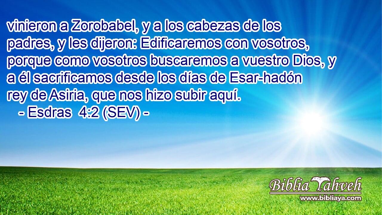 vinieron a Zorobabel, y a los cabezas de los padres, y les dijeron: Edificaremos con vosotros, porque como vosotros buscaremos a vuestro Dios, y a él sacrificamos desde los días de Esar-hadón rey de Asiria, que nos hizo subir aquí.