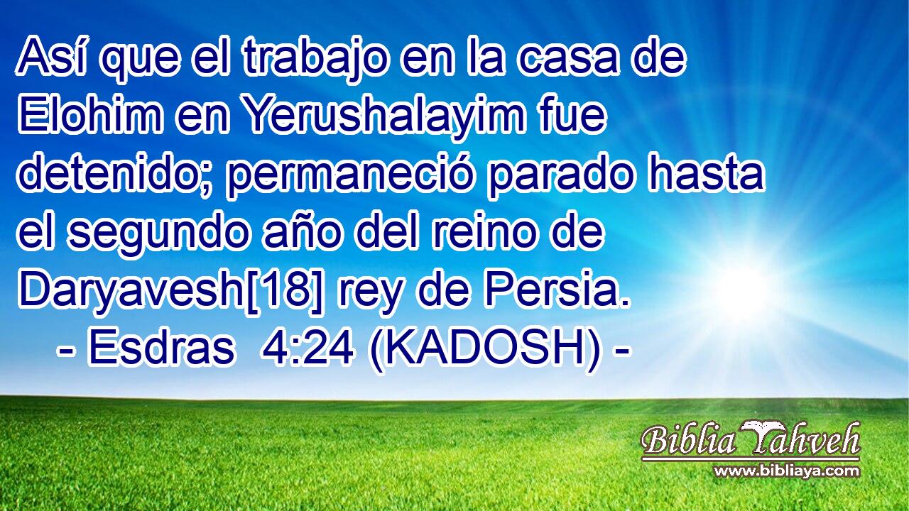  Así que el trabajo en la casa de Elohim en Yerushalayim fue detenido; permaneció parado hasta el segundo año del reino de Daryavesh[18] rey de Persia. 