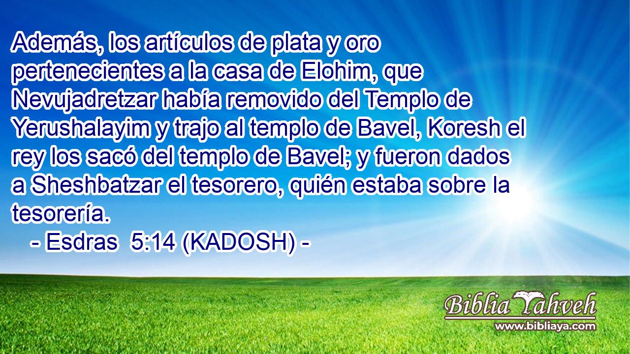  Además, los artículos de plata y oro pertenecientes a la casa de Elohim, que Nevujadretzar había removido del Templo de Yerushalayim y trajo al templo de Bavel, Koresh el rey los sacó del templo de Bavel; y fueron dados a Sheshbatzar el tesorero, quién estaba sobre la tesorería. 