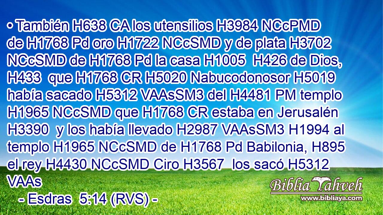 • También H638 CA los utensilios H3984 NCcPMD de H1768 Pd oro H1722 NCcSMD y de plata H3702 NCcSMD de H1768 Pd la casa H1005  H426 de Dios, H433  que H1768 CR H5020 Nabucodonosor H5019  había sacado H5312 VAAsSM3 del H4481 PM templo H1965 NCcSMD que H1768 CR estaba en Jerusalén H3390  y los había llevado H2987 VAAsSM3 H1994 al templo H1965 NCcSMD de H1768 Pd Babilonia, H895  el rey H4430 NCcSMD Ciro H3567  los sacó H5312 VAAs