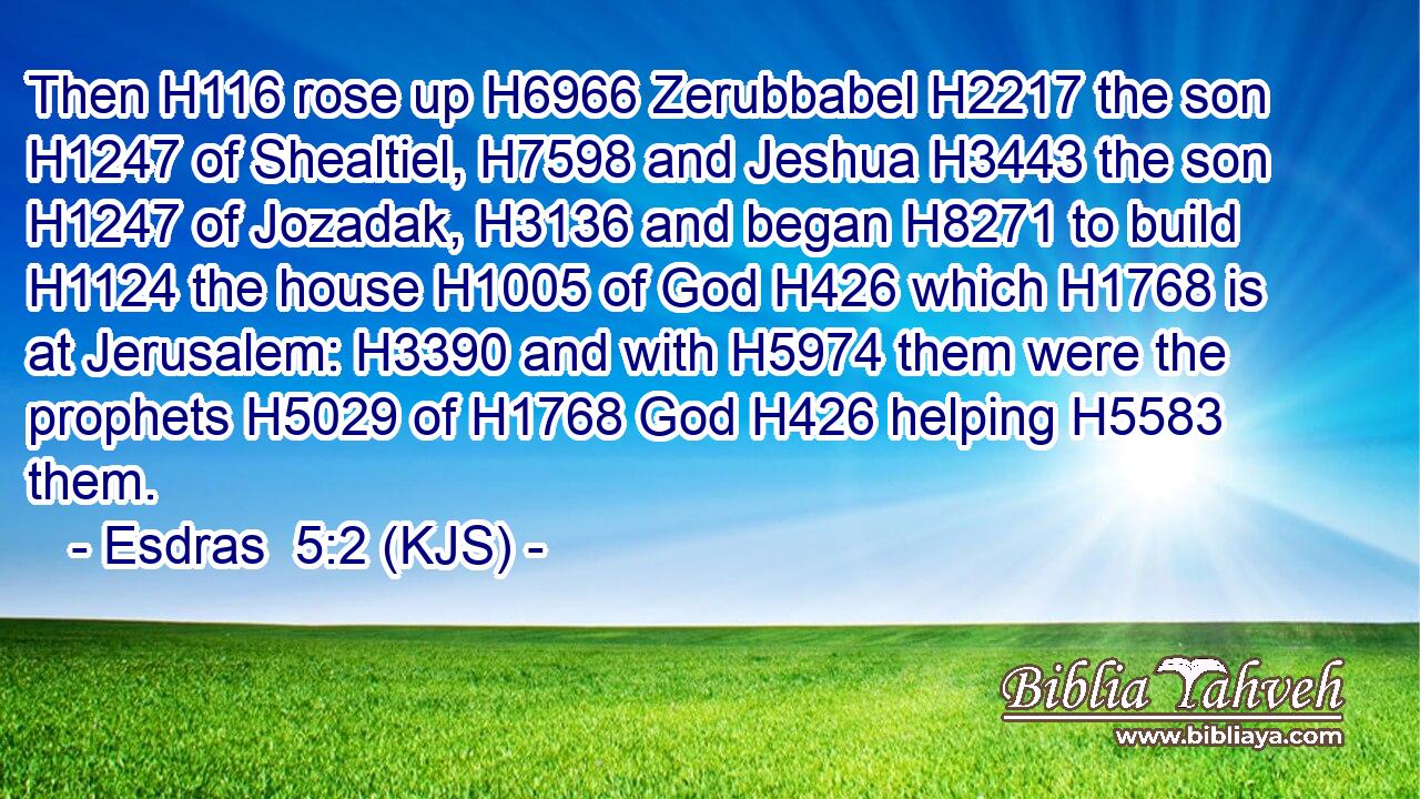 Then H116 rose up H6966 Zerubbabel H2217 the son H1247 of Shealtiel, H7598 and Jeshua H3443 the son H1247 of Jozadak, H3136 and began H8271 to build H1124 the house H1005 of God H426 which H1768 is at Jerusalem: H3390 and with H5974 them were the prophets H5029 of H1768 God H426 helping H5583 them.
