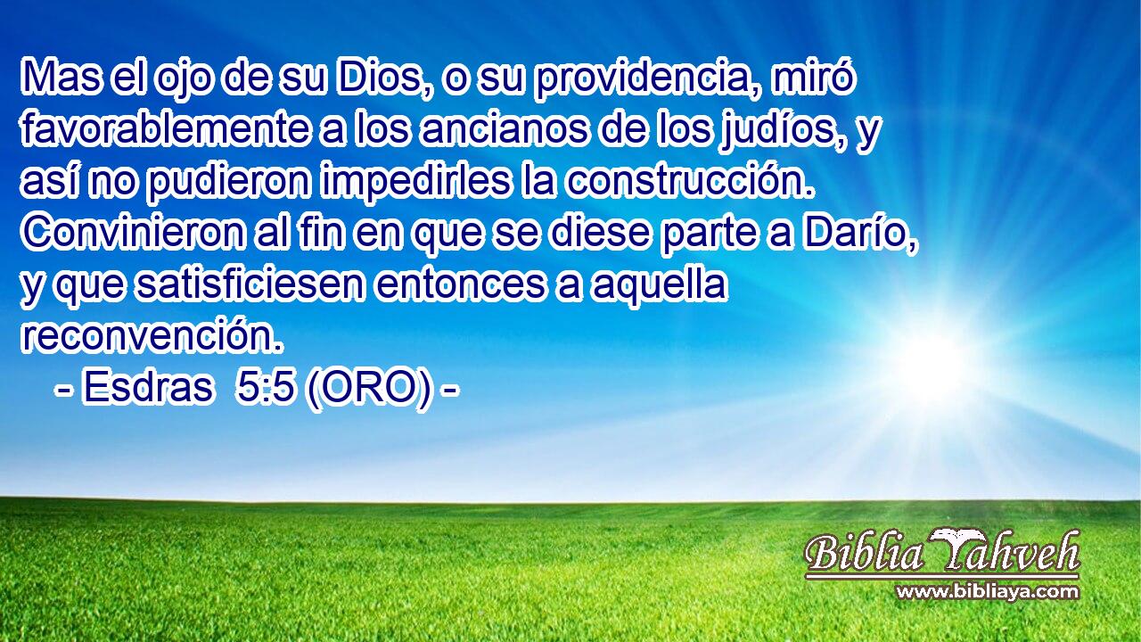  Mas el ojo de su Dios, o su providencia, miró favorablemente a los ancianos de los judíos, y así no pudieron impedirles la construcción. Convinieron al fin en que se diese parte a Darío, y que satisficiesen entonces a aquella reconvención. 