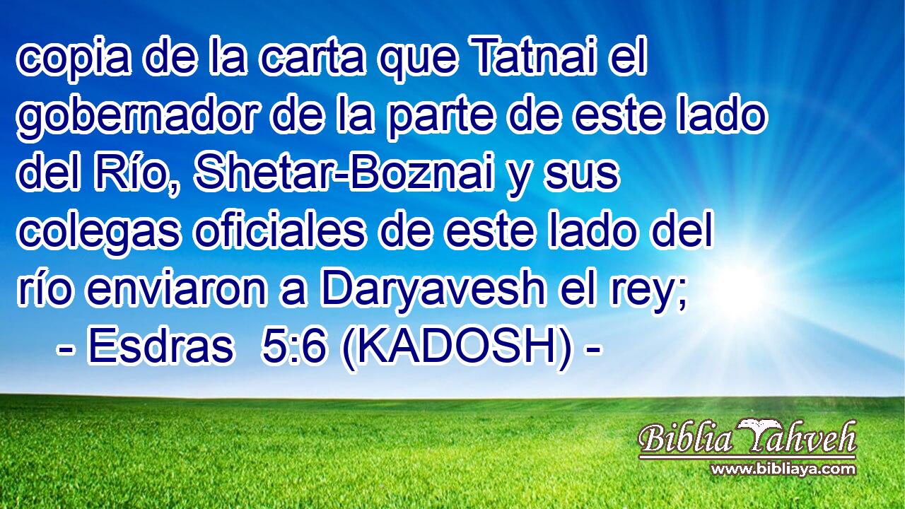  copia de la carta que Tatnai el gobernador de la parte de este lado del Río, Shetar-Boznai y sus colegas oficiales de este lado del río enviaron a Daryavesh el rey; 