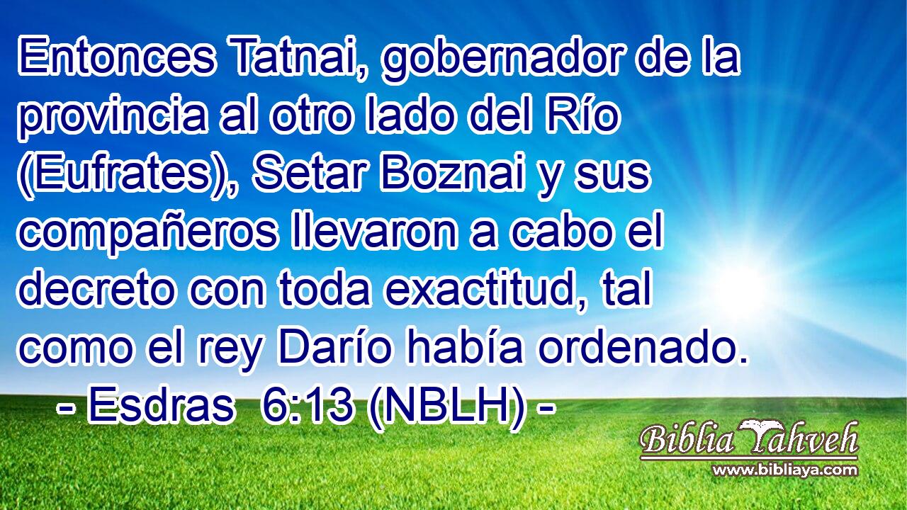  Entonces Tatnai, gobernador de la provincia al otro lado del Río (Eufrates), Setar Boznai y sus compañeros llevaron a cabo el decreto con toda exactitud, tal como el rey Darío había ordenado. 