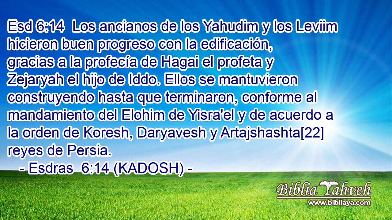  Los ancianos de los Yahudim y los Leviim hicieron buen progreso con la edificación, gracias a la profecía de Hagai el profeta y Zejaryah el hijo de Iddo. Ellos se mantuvieron construyendo hasta que terminaron, conforme al mandamiento del Elohim de Yisra'el y de acuerdo a la orden de Koresh, Daryavesh y Artajshashta[22] reyes de Persia. 