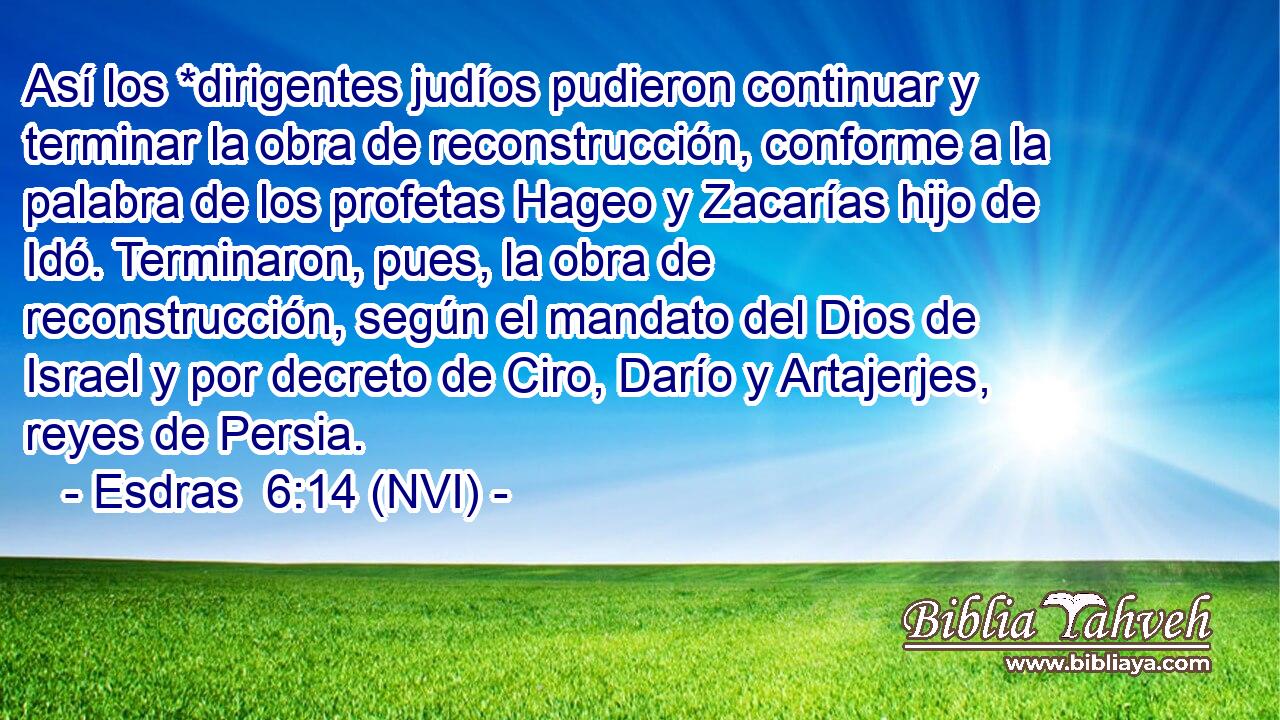  Así los *dirigentes judíos pudieron continuar y terminar la obra de reconstrucción, conforme a la palabra de los profetas Hageo y Zacarías hijo de Idó. Terminaron, pues, la obra de reconstrucción, según el mandato del Dios de Israel y por decreto de Ciro, Darío y Artajerjes, reyes de Persia. 