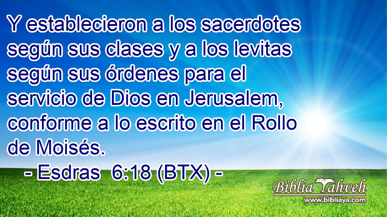 Y establecieron a los sacerdotes según sus clases y a los levitas según sus órdenes para el servicio de Dios en Jerusalem, conforme a lo escrito en el Rollo de Moisés.