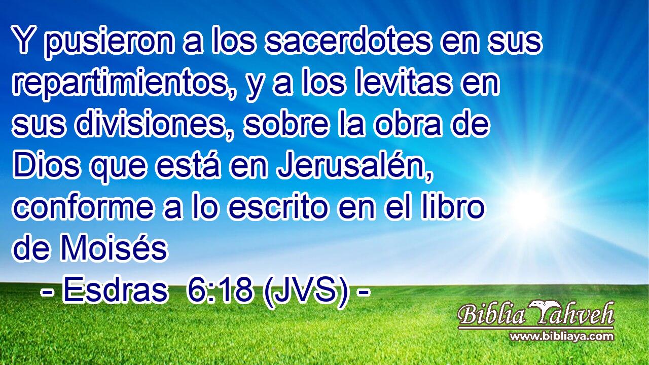 Y pusieron a los sacerdotes en sus repartimientos, y a los levitas en sus divisiones, sobre la obra de Dios que está en Jerusalén, conforme a lo escrito en el libro de Moisés