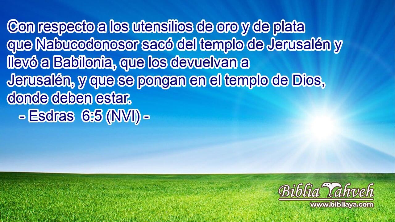  Con respecto a los utensilios de oro y de plata que Nabucodonosor sacó del templo de Jerusalén y llevó a Babilonia, que los devuelvan a Jerusalén, y que se pongan en el templo de Dios, donde deben estar. 