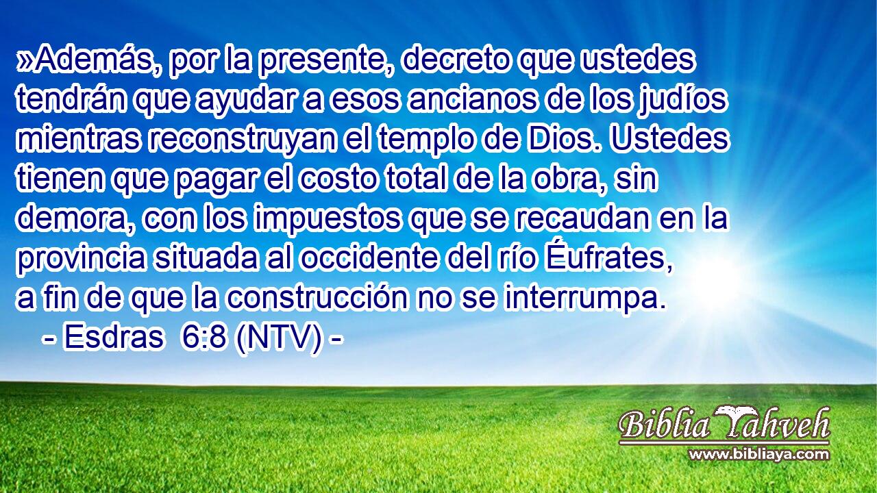 »Además, por la presente, decreto que ustedes tendrán que ayudar a esos ancianos de los judíos mientras reconstruyan el templo de Dios. Ustedes tienen que pagar el costo total de la obra, sin demora, con los impuestos que se recaudan en la provincia situada al occidente del río Éufrates, a fin de que la construcción no se interrumpa.