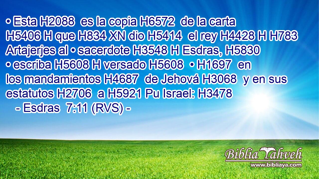 • Esta H2088  es la copia H6572  de la carta H5406 H que H834 XN dio H5414  el rey H4428 H H783 Artajerjes al • sacerdote H3548 H Esdras, H5830  • escriba H5608 H versado H5608  • H1697  en los mandamientos H4687  de Jehová H3068  y en sus estatutos H2706  a H5921 Pu Israel: H3478  