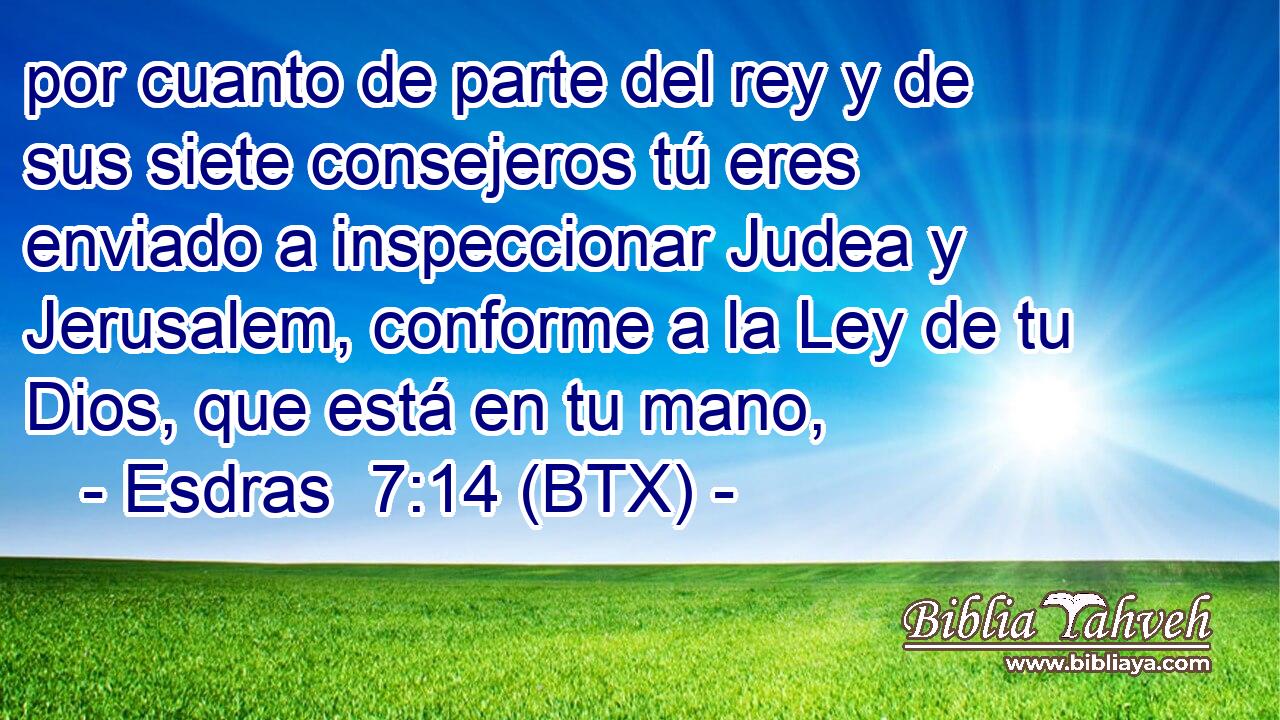 por cuanto de parte del rey y de sus siete consejeros tú eres enviado a inspeccionar Judea y Jerusalem, conforme a la Ley de tu Dios, que está en tu mano,