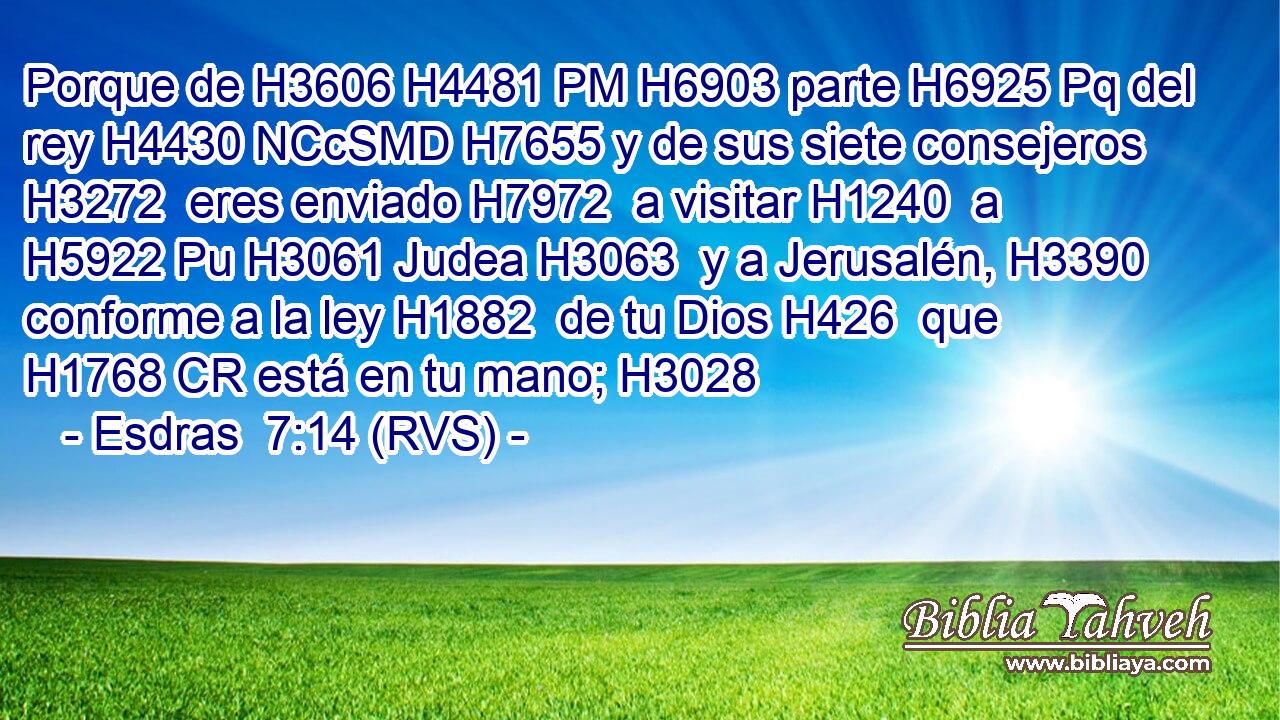 Porque de H3606 H4481 PM H6903 parte H6925 Pq del rey H4430 NCcSMD H7655 y de sus siete consejeros H3272  eres enviado H7972  a visitar H1240  a H5922 Pu H3061 Judea H3063  y a Jerusalén, H3390  conforme a la ley H1882  de tu Dios H426  que H1768 CR está en tu mano; H3028  