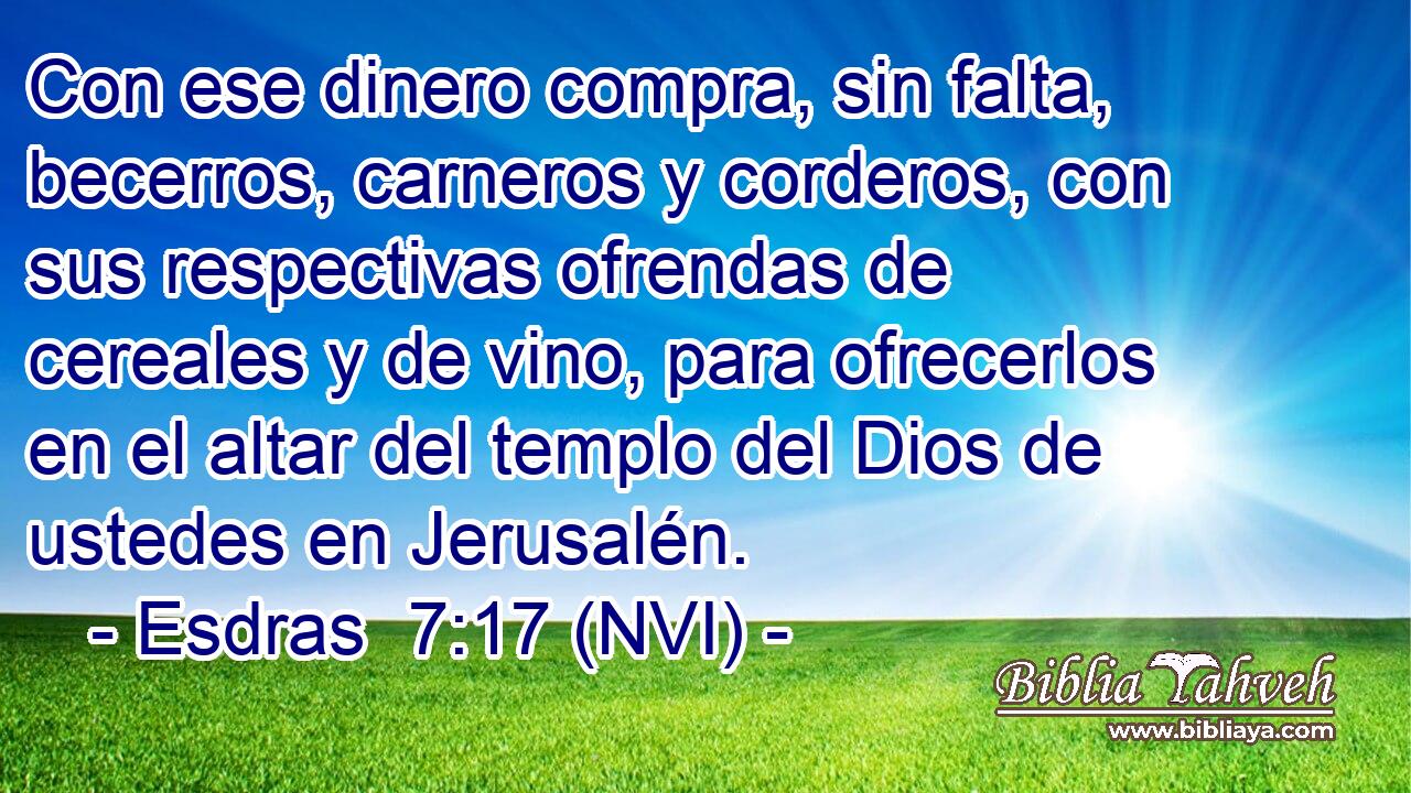  Con ese dinero compra, sin falta, becerros, carneros y corderos, con sus respectivas ofrendas de cereales y de vino, para ofrecerlos en el altar del templo del Dios de ustedes en Jerusalén. 