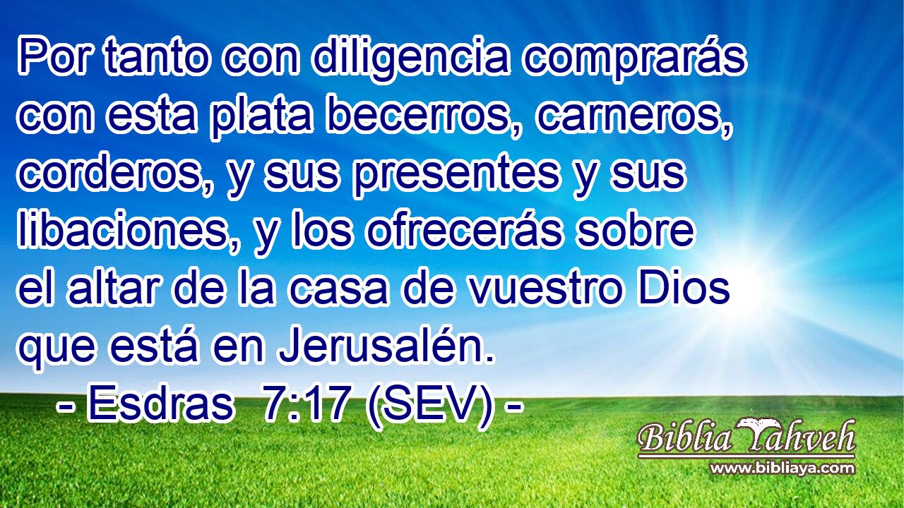 Por tanto con diligencia comprarás con esta plata becerros, carneros, corderos, y sus presentes y sus libaciones, y los ofrecerás sobre el altar de la casa de vuestro Dios que está en Jerusalén.