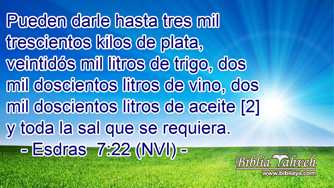  Pueden darle hasta tres mil trescientos kilos de plata, veintidós mil litros de trigo, dos mil doscientos litros de vino, dos mil doscientos litros de aceite [2] y toda la sal que se requiera. 