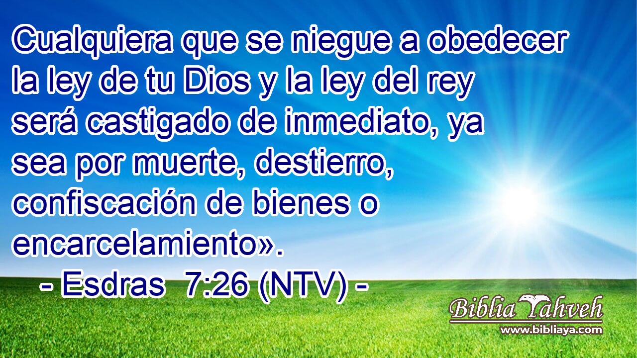 Cualquiera que se niegue a obedecer la ley de tu Dios y la ley del rey será castigado de inmediato, ya sea por muerte, destierro, confiscación de bienes o encarcelamiento».