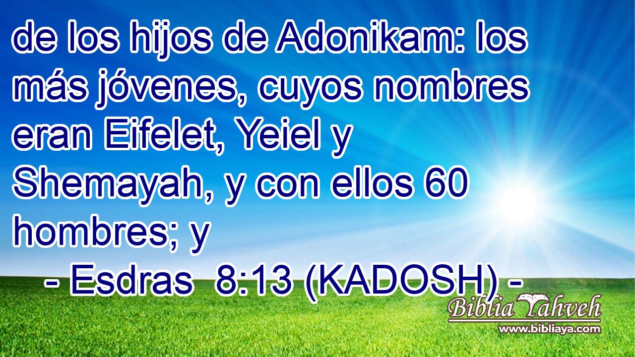  de los hijos de Adonikam: los más jóvenes, cuyos nombres eran Eifelet, Yeiel y Shemayah, y con ellos 60 hombres; y 