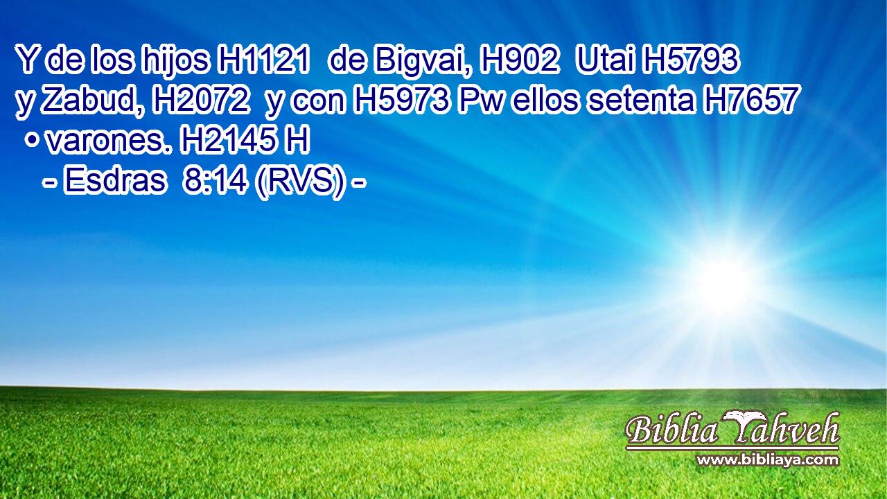Y de los hijos H1121  de Bigvai, H902  Utai H5793  y Zabud, H2072  y con H5973 Pw ellos setenta H7657  • varones. H2145 H 