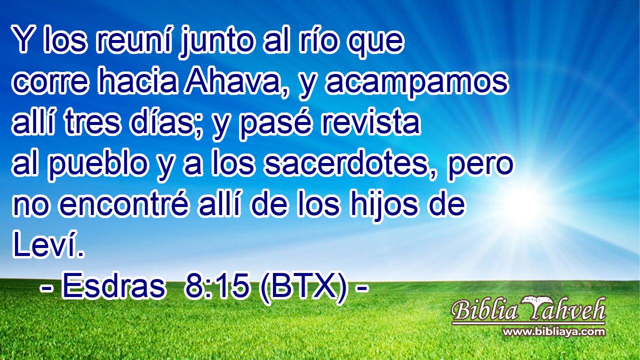 Y los reuní junto al río que corre hacia Ahava, y acampamos allí tres días; y pasé revista al pueblo y a los sacerdotes, pero no encontré allí de los hijos de Leví.