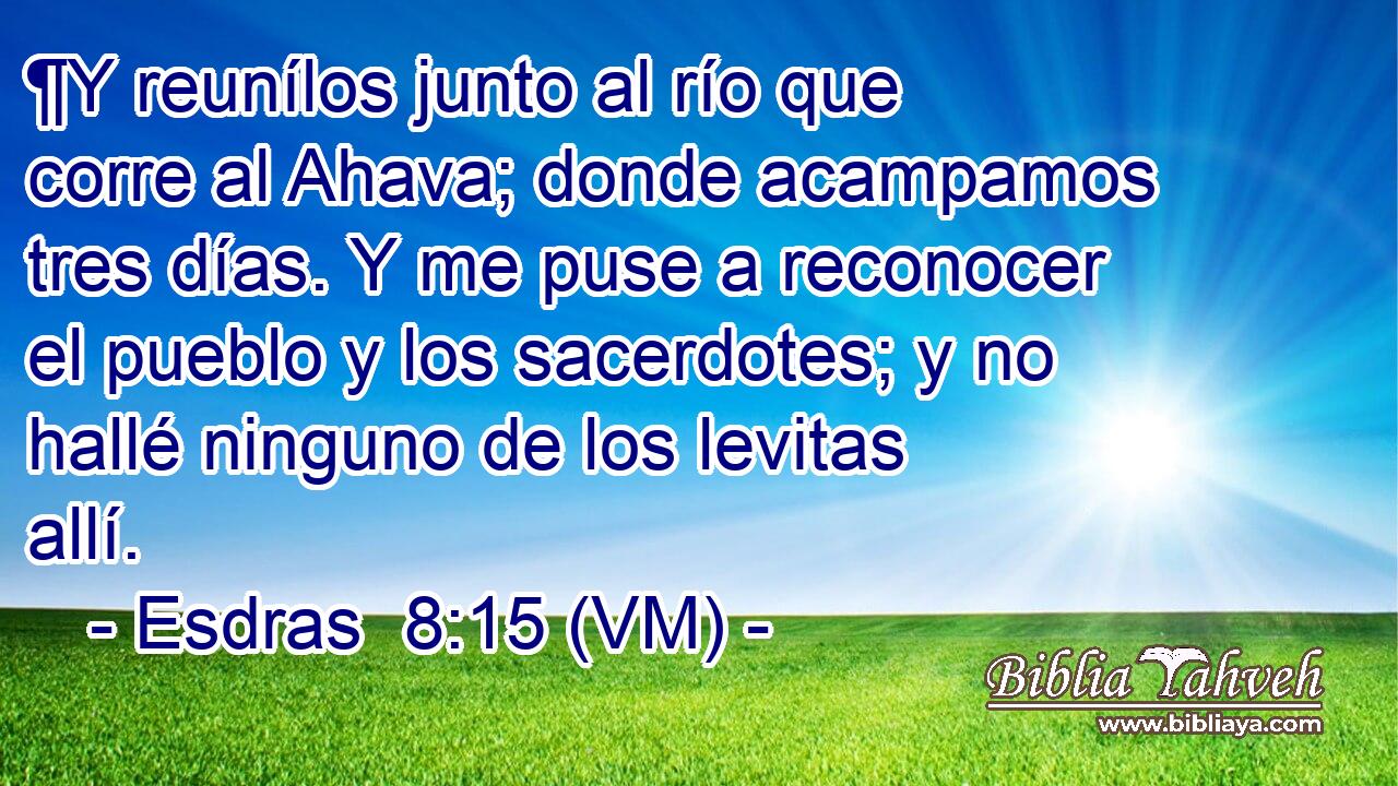  ¶Y reunílos junto al río que corre al Ahava; donde acampamos tres días. Y me puse a reconocer el pueblo y los sacerdotes; y no hallé ninguno de los levitas allí. 