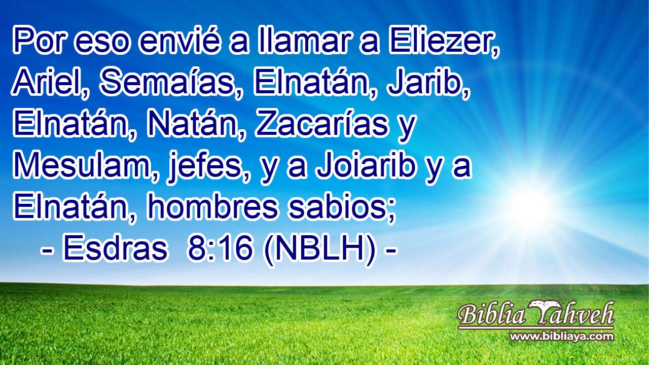  Por eso envié a llamar a Eliezer, Ariel, Semaías, Elnatán, Jarib, Elnatán, Natán, Zacarías y Mesulam, jefes, y a Joiarib y a Elnatán, hombres sabios; 